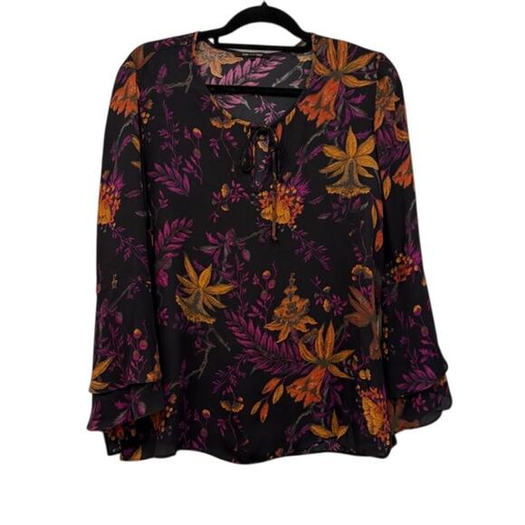 Kobi Halperin Silk Floral Blouse Size Large Bell Sleeve Flowy Tie V-Neck - Picture 1 of 8